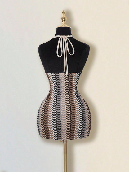 ICON Women's Colorful Jacquard Knit Contrast Ribbed Trim Halter Backless Deep V Mini Beach Dress