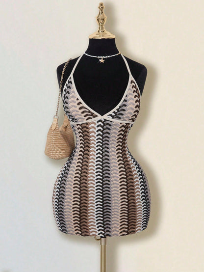 ICON Women's Colorful Jacquard Knit Contrast Ribbed Trim Halter Backless Deep V Mini Beach Dress