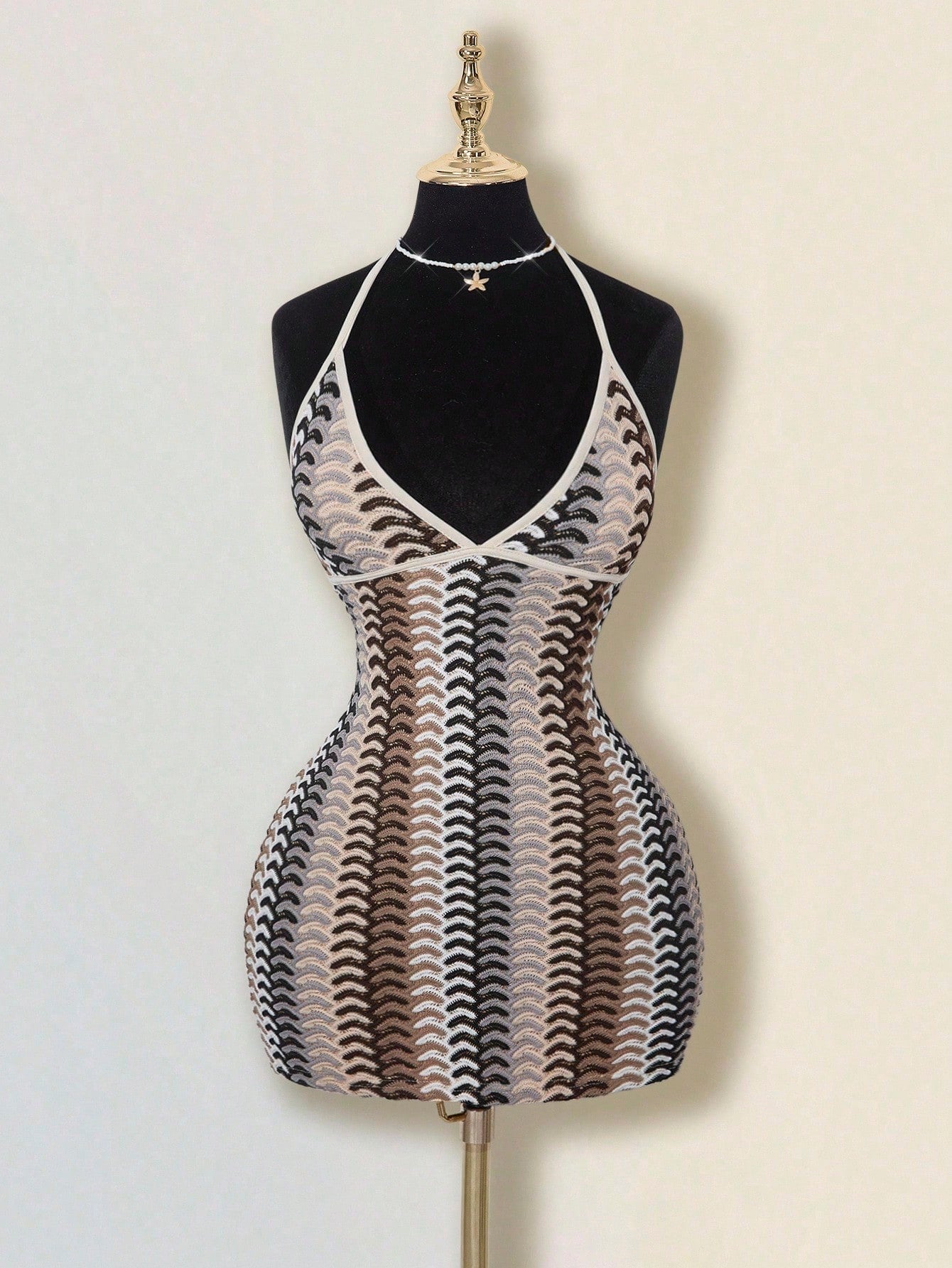 ICON Women's Colorful Jacquard Knit Contrast Ribbed Trim Halter Backless Deep V Mini Beach Dress