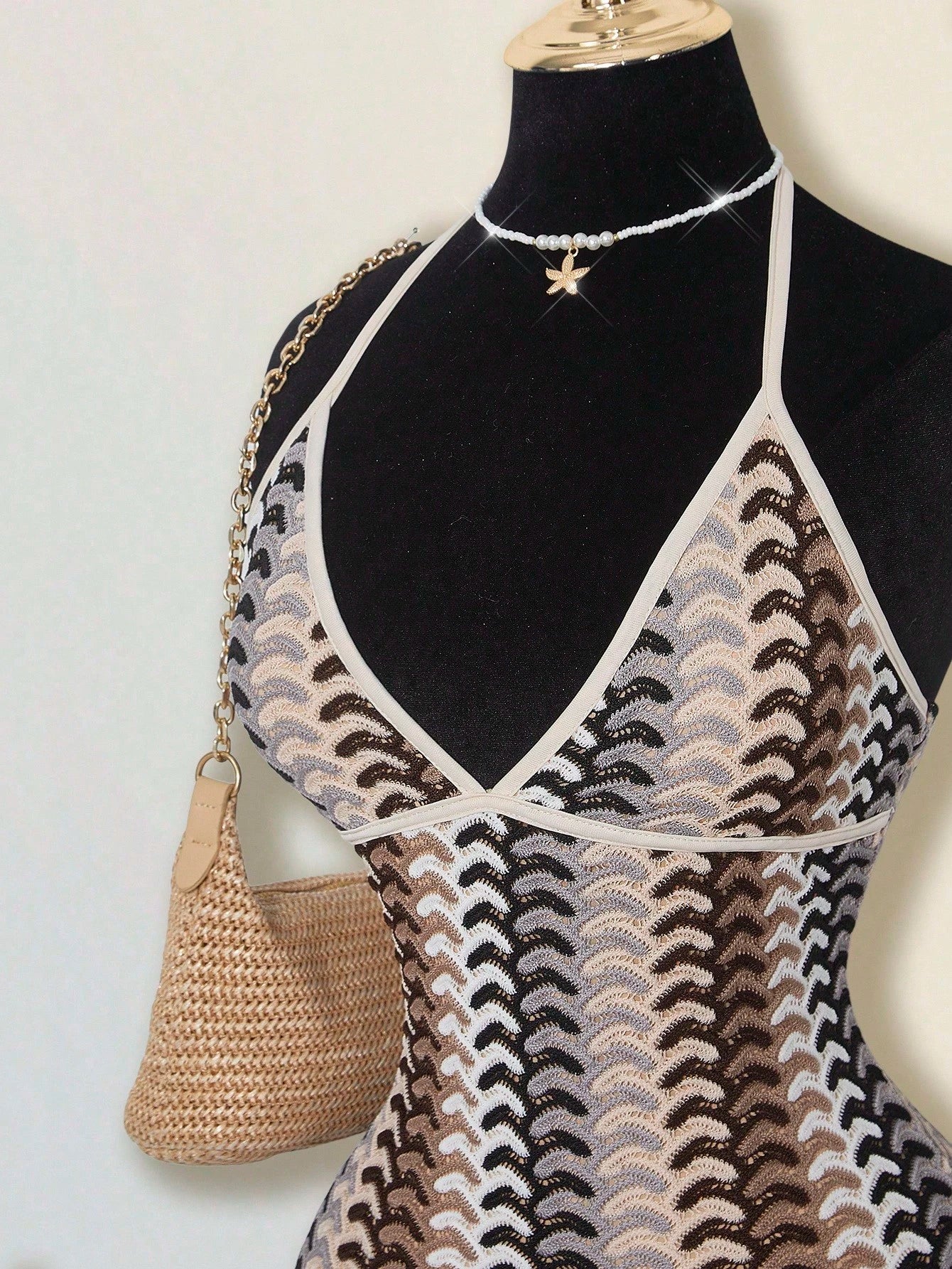 ICON Women's Colorful Jacquard Knit Contrast Ribbed Trim Halter Backless Deep V Mini Beach Dress