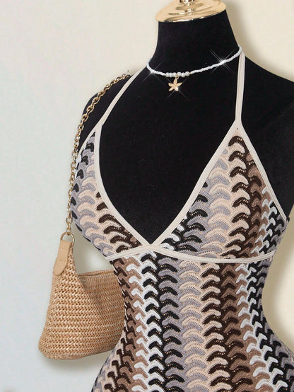 ICON Women's Colorful Jacquard Knit Contrast Ribbed Trim Halter Backless Deep V Mini Beach Dress