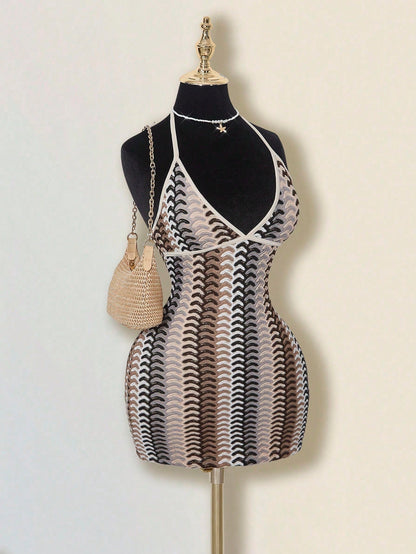 ICON Women's Colorful Jacquard Knit Contrast Ribbed Trim Halter Backless Deep V Mini Beach Dress