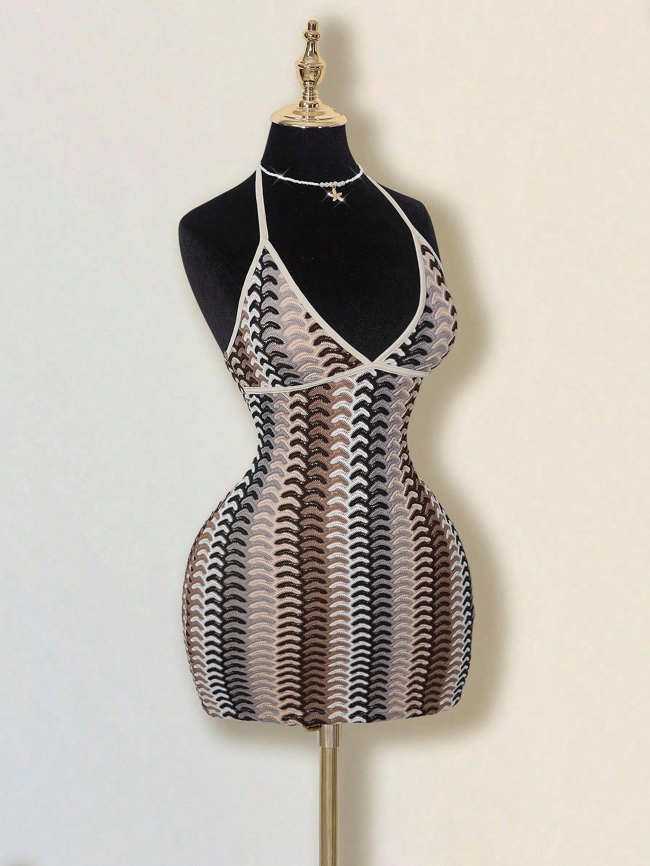 ICON Women's Colorful Jacquard Knit Contrast Ribbed Trim Halter Backless Deep V Mini Beach Dress