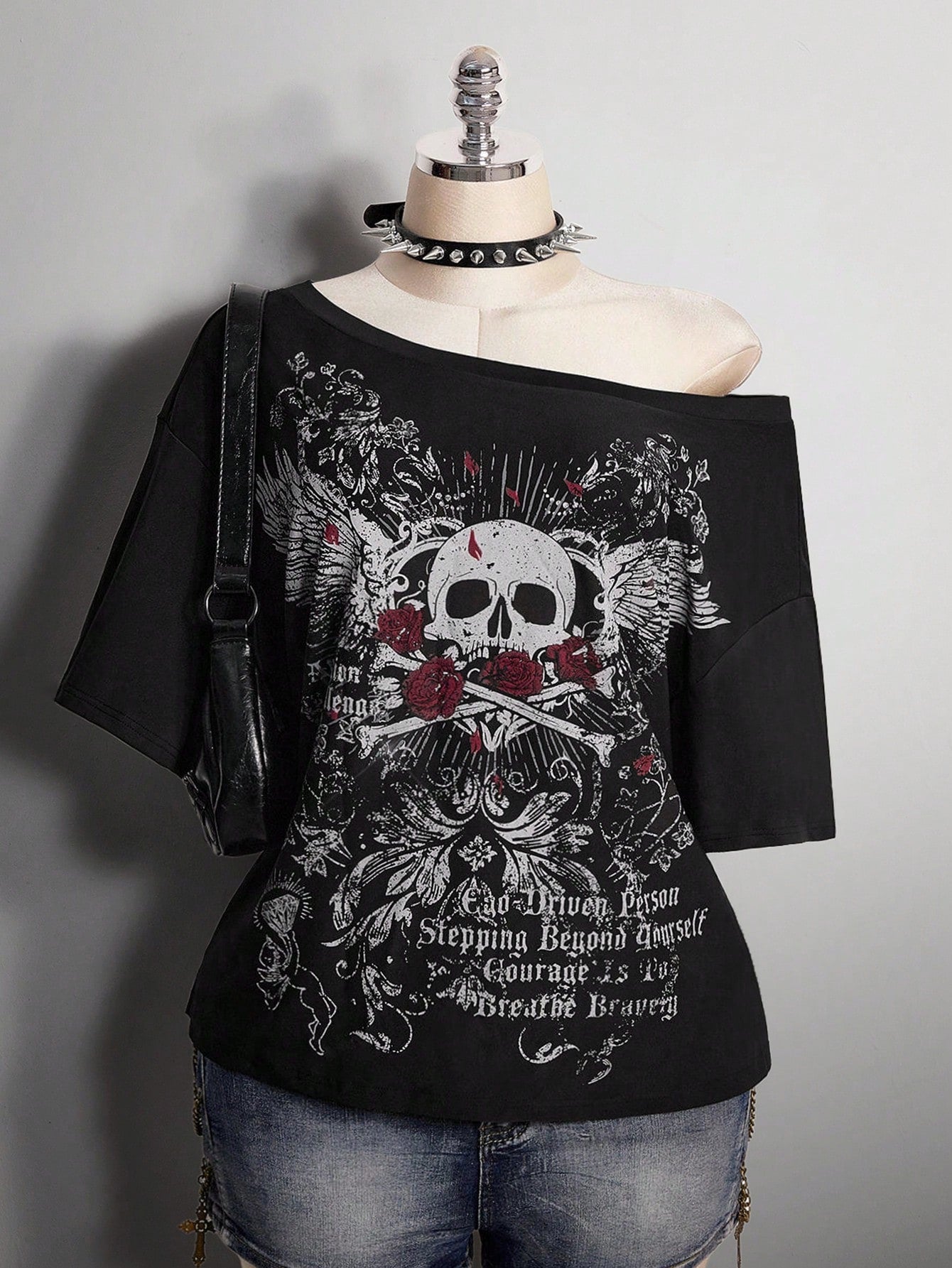ICON Women's Plus Size Black And Red Skull Rose Pattern T-Shirt, Summer Goth 70's Night Clothing, Y2K Dark Punk Retro Distressed Loose Streetwear Party