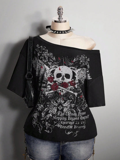 ICON Women's Plus Size Black And Red Skull Rose Pattern T-Shirt, Summer Goth 70's Night Clothing, Y2K Dark Punk Retro Distressed Loose Streetwear Party
