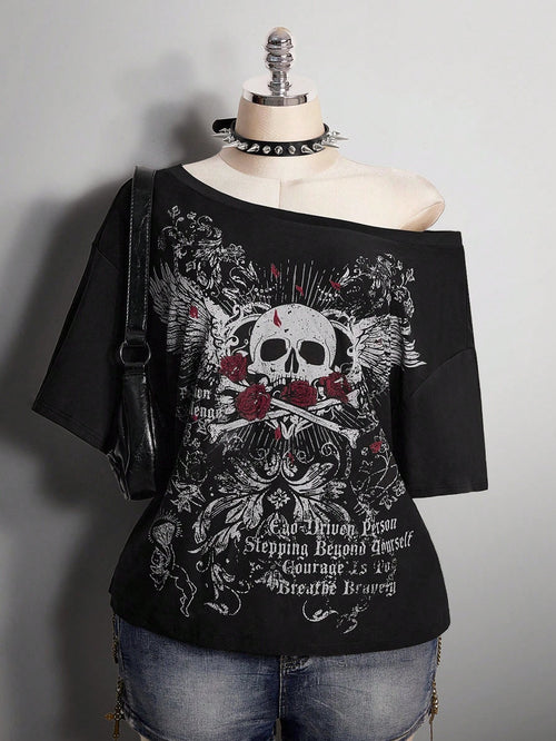 ICON Women's Plus Size Black And Red Skull Rose Pattern T-Shirt, Summer Goth 70's Night Clothing, Y2K Dark Punk Retro Distressed Loose Streetwear Party