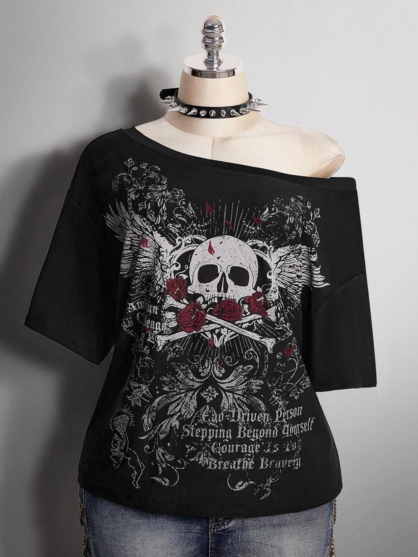 ICON Women's Plus Size Black And Red Skull Rose Pattern T-Shirt, Summer Goth 70's Night Clothing, Y2K Dark Punk Retro Distressed Loose Streetwear Party