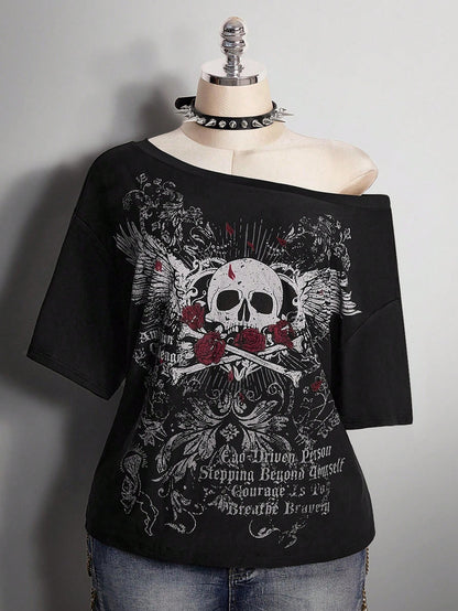 ICON Women's Plus Size Black And Red Skull Rose Pattern T-Shirt, Summer Goth 70's Night Clothing, Y2K Dark Punk Retro Distressed Loose Streetwear Party