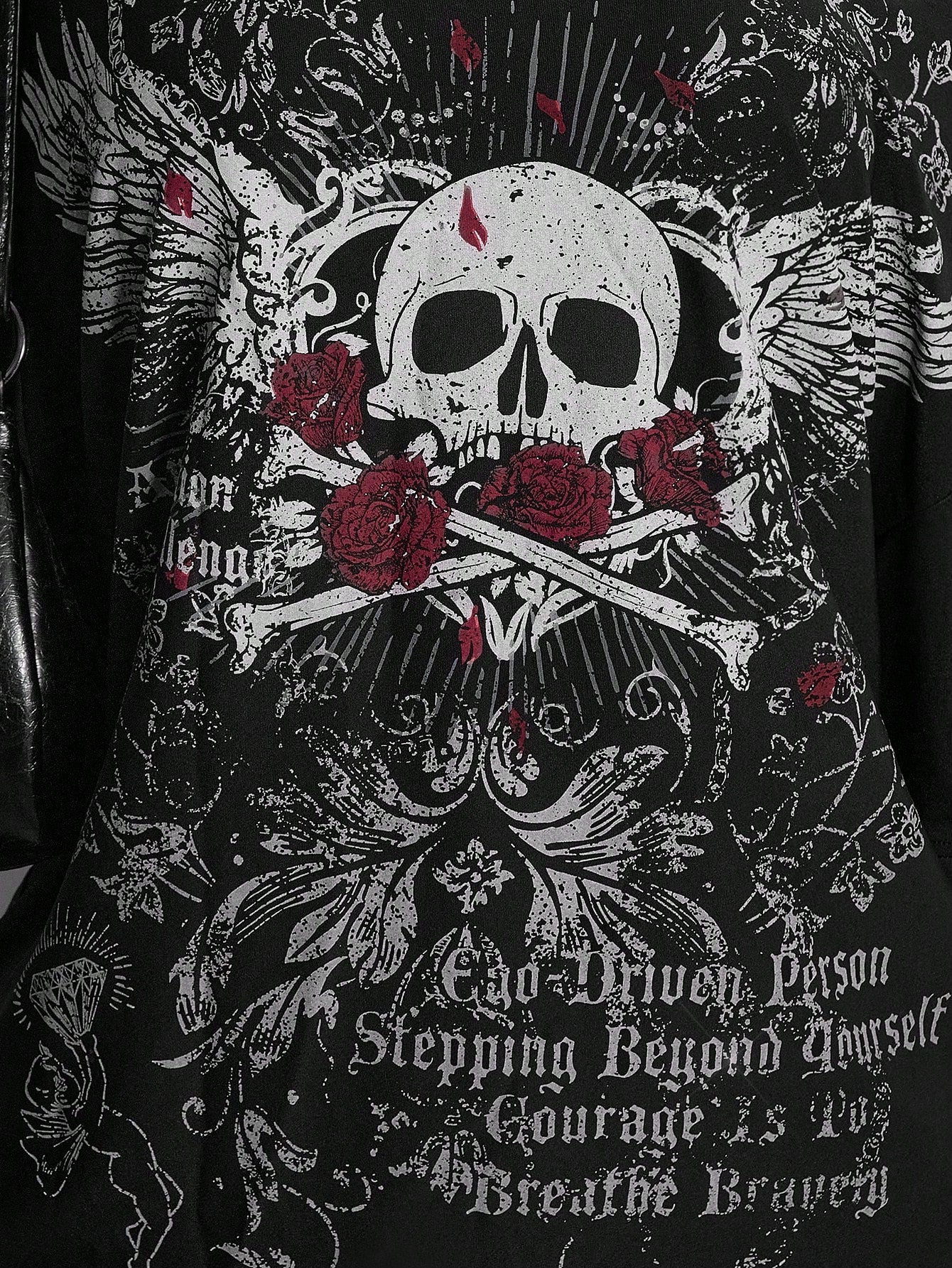 ICON Women's Plus Size Black And Red Skull Rose Pattern T-Shirt, Summer Goth 70's Night Clothing, Y2K Dark Punk Retro Distressed Loose Streetwear Party