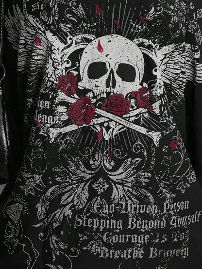 ICON Women's Plus Size Black And Red Skull Rose Pattern T-Shirt, Summer Goth 70's Night Clothing, Y2K Dark Punk Retro Distressed Loose Streetwear Party