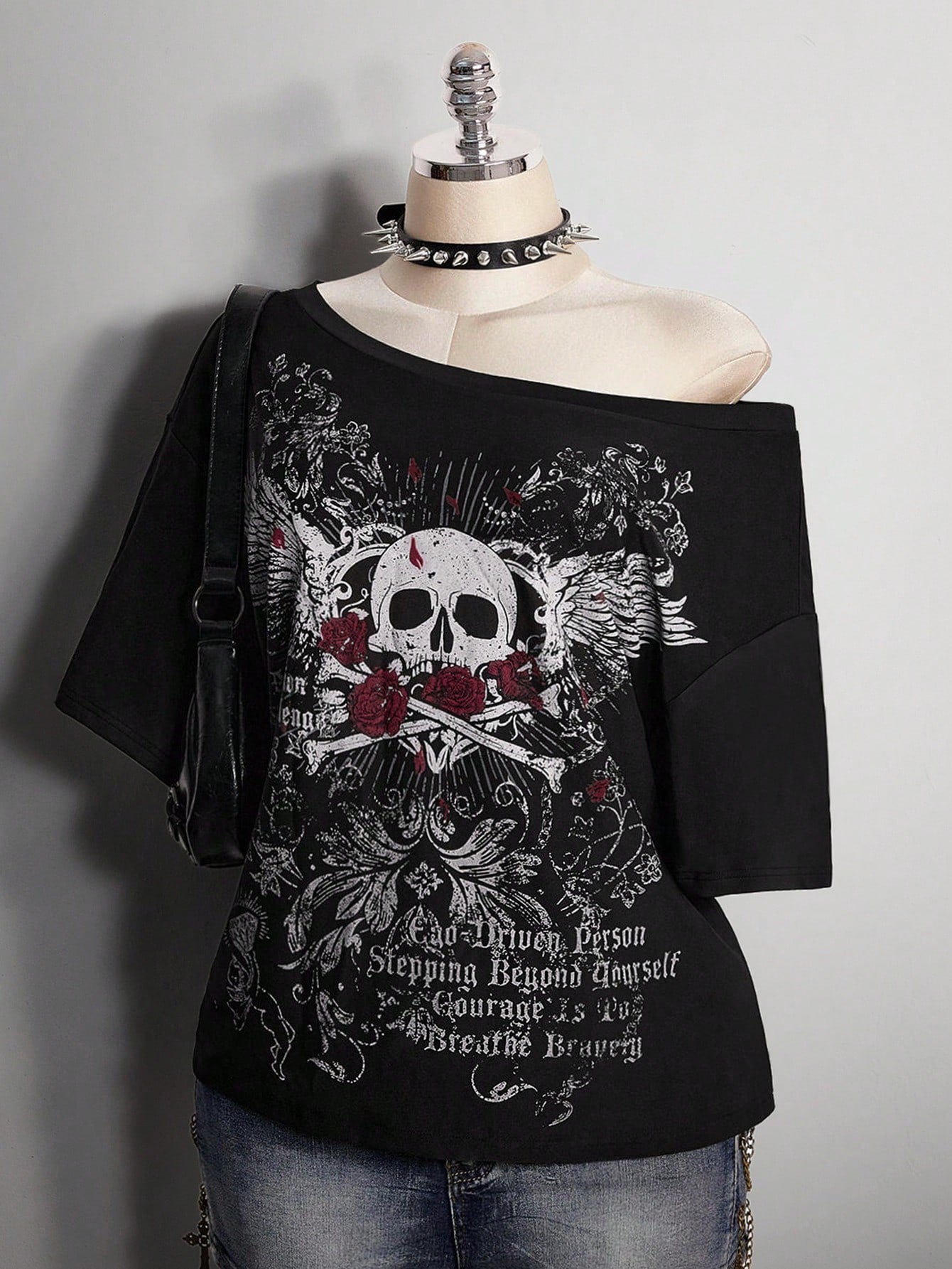 ICON Women's Plus Size Black And Red Skull Rose Pattern T-Shirt, Summer Goth 70's Night Clothing, Y2K Dark Punk Retro Distressed Loose Streetwear Party