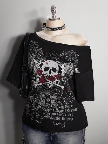 ICON Women's Plus Size Black And Red Skull Rose Pattern T-Shirt, Summer Goth 70's Night Clothing, Y2K Dark Punk Retro Distressed Loose Streetwear Party