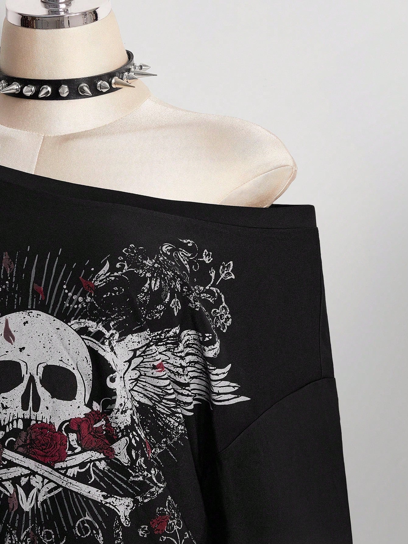 ICON Women's Plus Size Black And Red Skull Rose Pattern T-Shirt, Summer Goth 70's Night Clothing, Y2K Dark Punk Retro Distressed Loose Streetwear Party