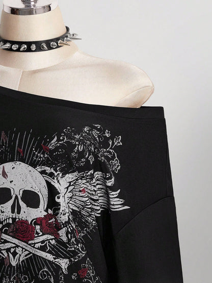 ICON Women's Plus Size Black And Red Skull Rose Pattern T-Shirt, Summer Goth 70's Night Clothing, Y2K Dark Punk Retro Distressed Loose Streetwear Party