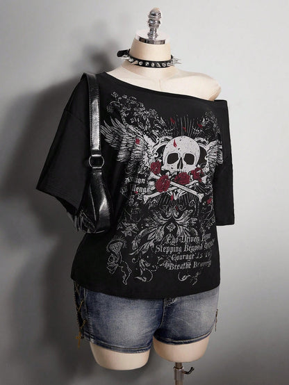 ICON Women's Plus Size Black And Red Skull Rose Pattern T-Shirt, Summer Goth 70's Night Clothing, Y2K Dark Punk Retro Distressed Loose Streetwear Party