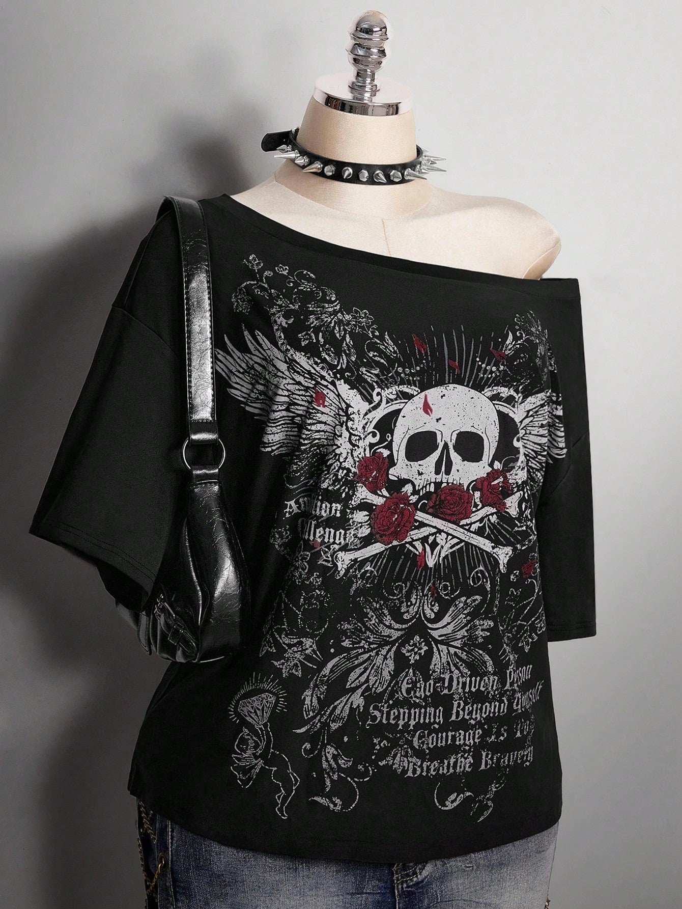 ICON Women's Plus Size Black And Red Skull Rose Pattern T-Shirt, Summer Goth 70's Night Clothing, Y2K Dark Punk Retro Distressed Loose Streetwear Party