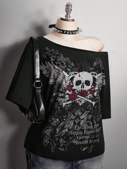 ICON Women's Plus Size Black And Red Skull Rose Pattern T-Shirt, Summer Goth 70's Night Clothing, Y2K Dark Punk Retro Distressed Loose Streetwear Party
