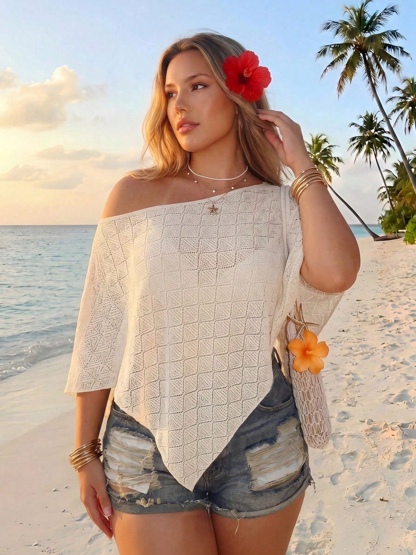 ICON Women's Plus Size White Summer Boho Bohemian Beach Vacation Holiday Knit Textured Fabric Off-Shoulder Shawl Top Retro Y2K Loose Casual Urban Modern