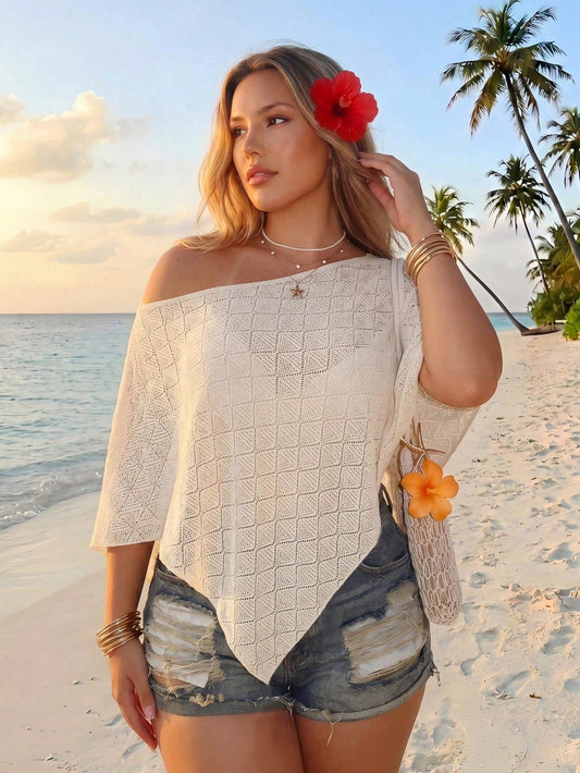 ICON Women's Plus Size White Summer Boho Bohemian Beach Vacation Holiday Knit Textured Fabric Off-Shoulder Shawl Top Retro Y2K Loose Casual Urban Modern
