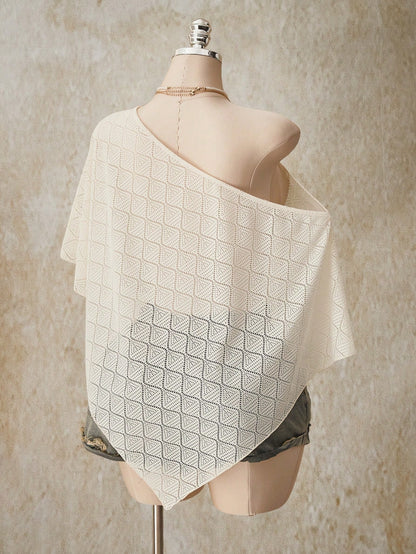 ICON Women's Plus Size White Summer Boho Bohemian Beach Vacation Holiday Knit Textured Fabric Off-Shoulder Shawl Top Retro Y2K Loose Casual Urban Modern