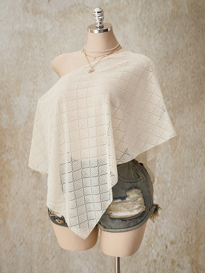 ICON Women's Plus Size White Summer Boho Bohemian Beach Vacation Holiday Knit Textured Fabric Off-Shoulder Shawl Top Retro Y2K Loose Casual Urban Modern