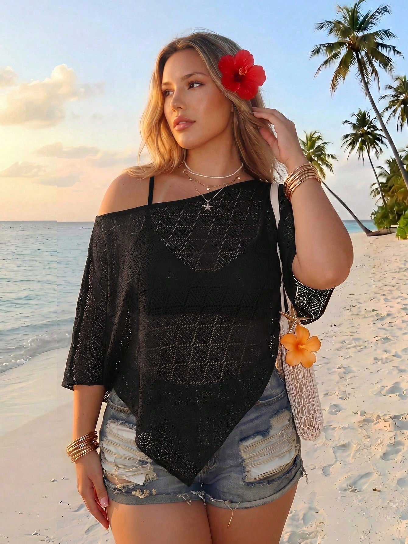 ICON Women's Plus Size White Summer Boho Bohemian Beach Vacation Holiday Knit Textured Fabric Off-Shoulder Shawl Top Retro Y2K Loose Casual Urban Modern