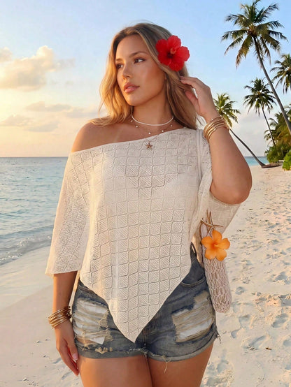 ICON Women's Plus Size White Summer Boho Bohemian Beach Vacation Holiday Knit Textured Fabric Off-Shoulder Shawl Top Retro Y2K Loose Casual Urban Modern
