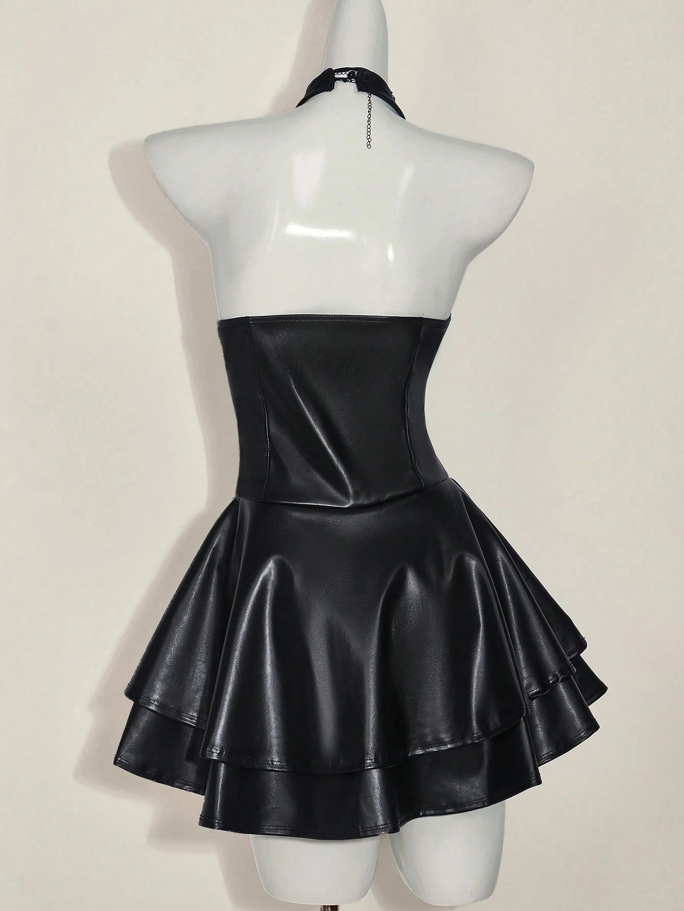 ICON Women's Y2k Sexy Fashionable Gyaru Concert Outfit Club Night Out Party Festival Rave Cross Strap PU Leather Open Back Mini Halter Black Dress Autumn