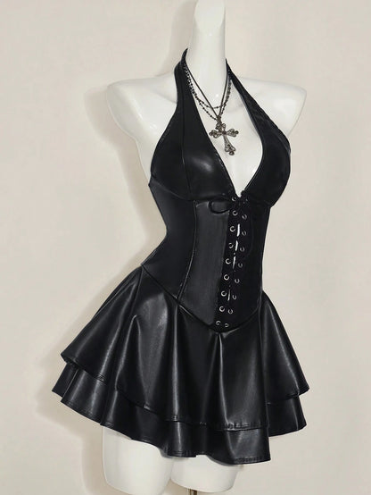 ICON Women's Y2k Sexy Fashionable Gyaru Concert Outfit Club Night Out Party Festival Rave Cross Strap PU Leather Open Back Mini Halter Black Dress Autumn