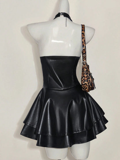 ICON Women's Y2k Sexy Fashionable Gyaru Concert Outfit Club Night Out Party Festival Rave Cross Strap PU Leather Open Back Mini Halter Black Dress Autumn