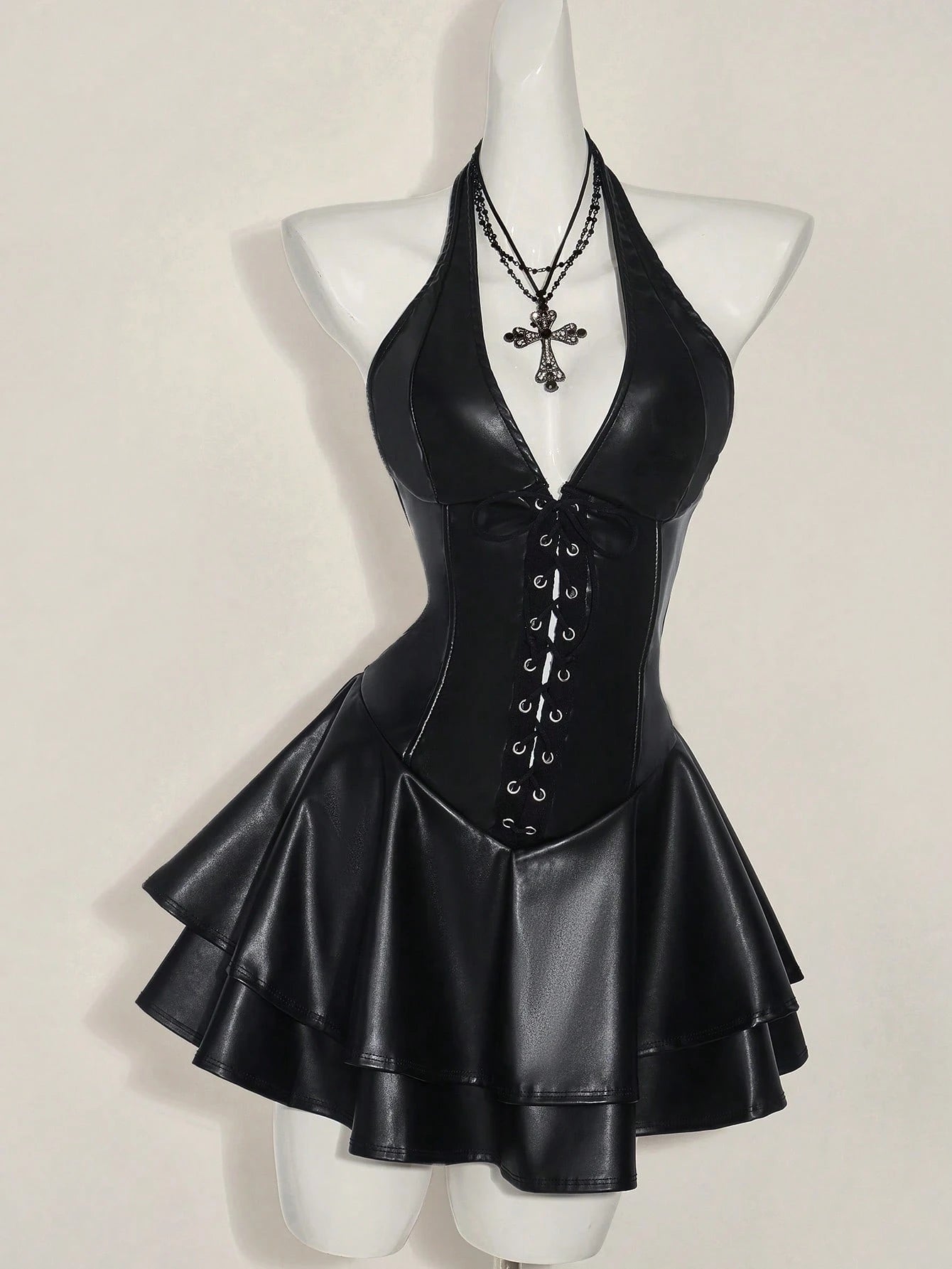 ICON Women's Y2k Sexy Fashionable Gyaru Concert Outfit Club Night Out Party Festival Rave Cross Strap PU Leather Open Back Mini Halter Black Dress Autumn