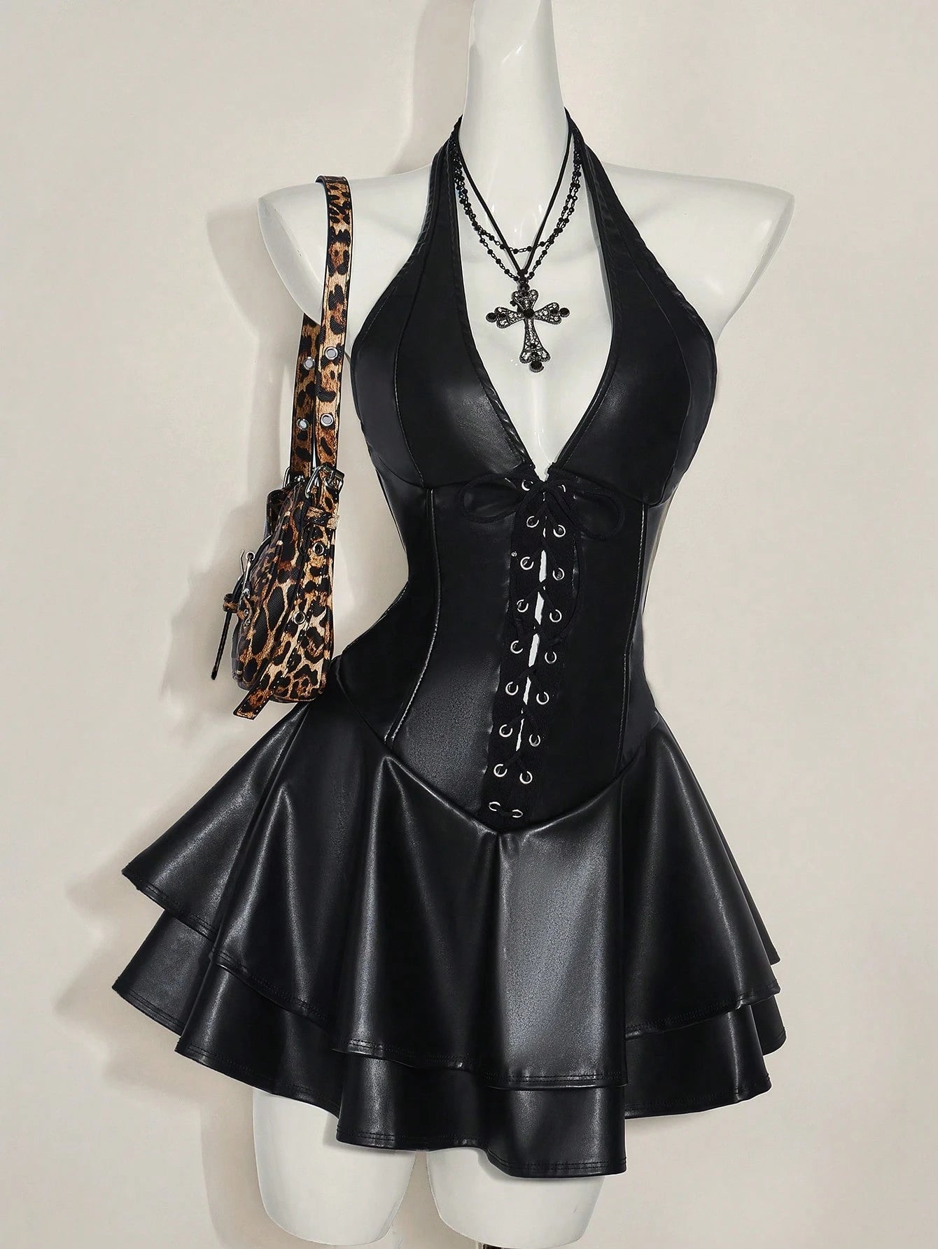 ICON Women's Y2k Sexy Fashionable Gyaru Concert Outfit Club Night Out Party Festival Rave Cross Strap PU Leather Open Back Mini Halter Black Dress Autumn