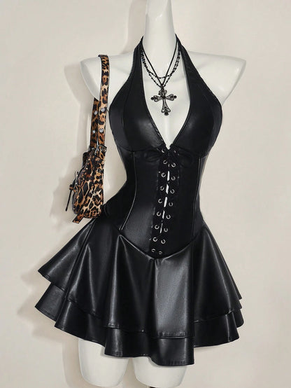 ICON Women's Y2k Sexy Fashionable Gyaru Concert Outfit Club Night Out Party Festival Rave Cross Strap PU Leather Open Back Mini Halter Black Dress Autumn