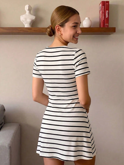 INAWLY French Style V-Neck Waist Cinched A-Line Knit Dress