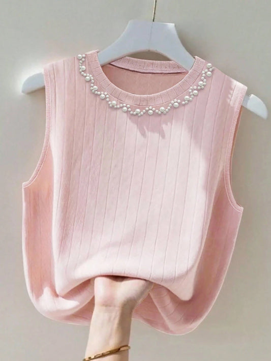 INAWLY Plus Size Women Solid Color Faux Pearl Decor Round Neck Fashion Tank Top