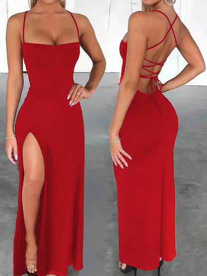INAWLY Slim Sexy High Slit Criss-Cross Strap Tie-Up Long Dress For Women