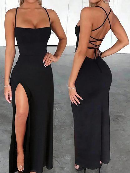 INAWLY Slim Sexy High Slit Criss-Cross Strap Tie-Up Long Dress For Women