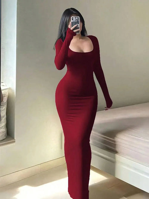 INAWLY Solva Women's Spring/Autumn Casual Solid Color Slim Fit Long Dress Fall Cloth For Women