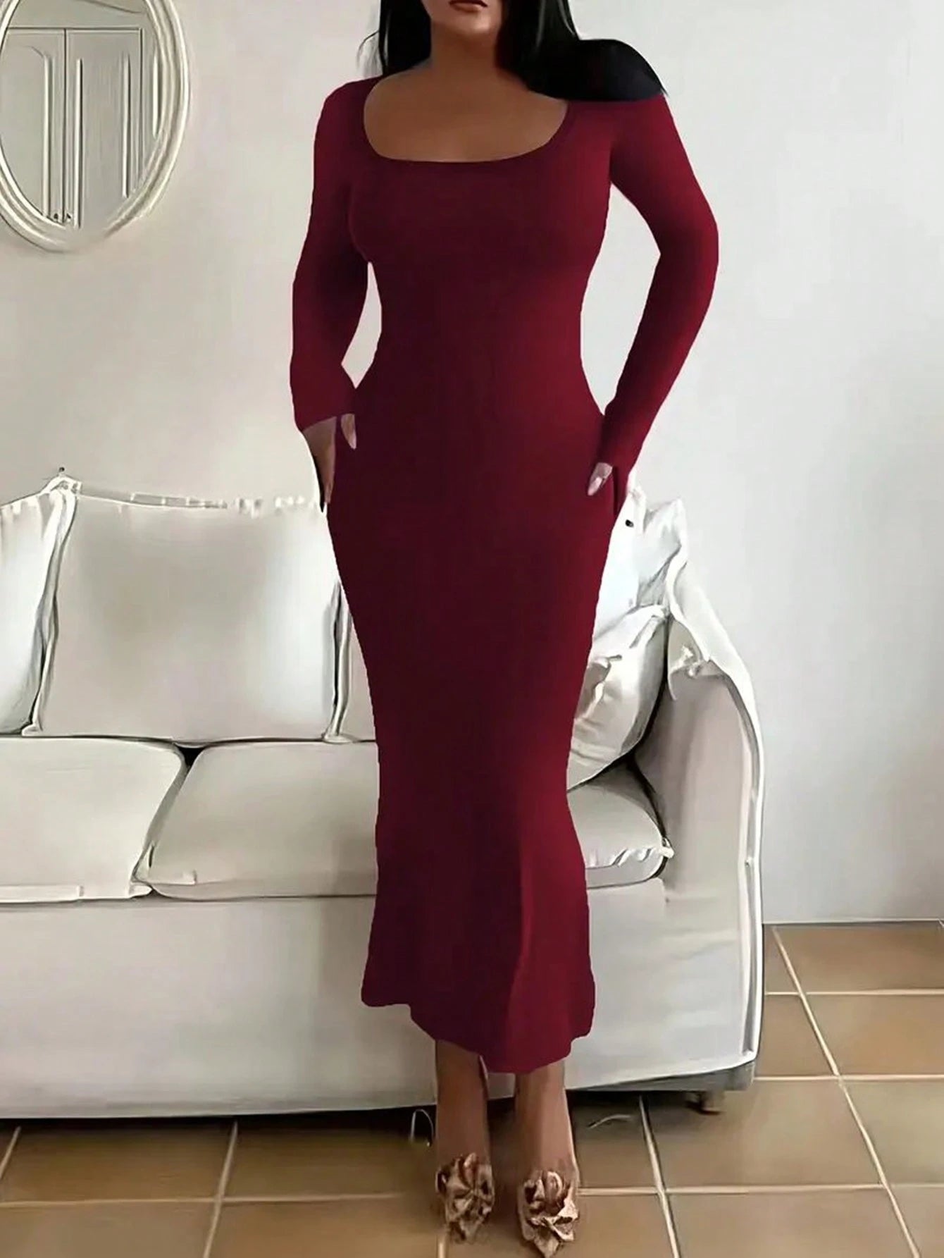 INAWLY Solva Women's Spring/Autumn Casual Solid Color Slim Fit Long Dress Fall Cloth For Women