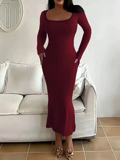 INAWLY Solva Women's Spring/Autumn Casual Solid Color Slim Fit Long Dress Fall Cloth For Women