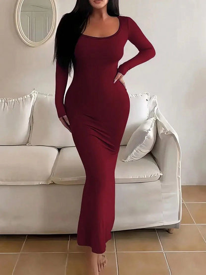 INAWLY Solva Women's Spring/Autumn Casual Solid Color Slim Fit Long Dress Fall Cloth For Women