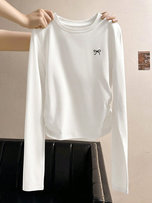 INAWLY Women's Solid Color Casual Long Sleeve T-Shirt, Minimalist & Fashionable For Everyday Wear