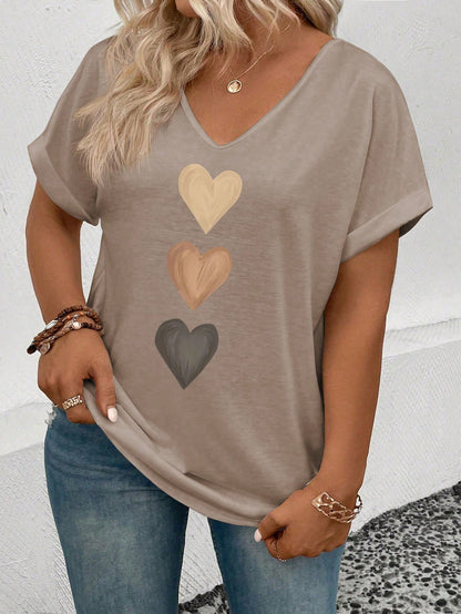 INAWLY Women's V-Neck Casual Versatile T-Shirt With Ombre Heart Print, Spring/Summer