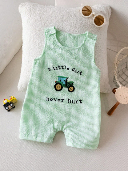 Infant Baby Boy Green & White Striped Sleeveless Romper With "A Little Dirt Never Hurt" Embroidered Text And Tractor Graphic, Snap Closure At Shoulders And Bottom, Suitable For 0-2 Years Old, Playful