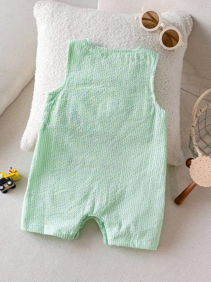 Infant Baby Boy Green & White Striped Sleeveless Romper With "A Little Dirt Never Hurt" Embroidered Text And Tractor Graphic, Snap Closure At Shoulders And Bottom, Suitable For 0-2 Years Old, Playful