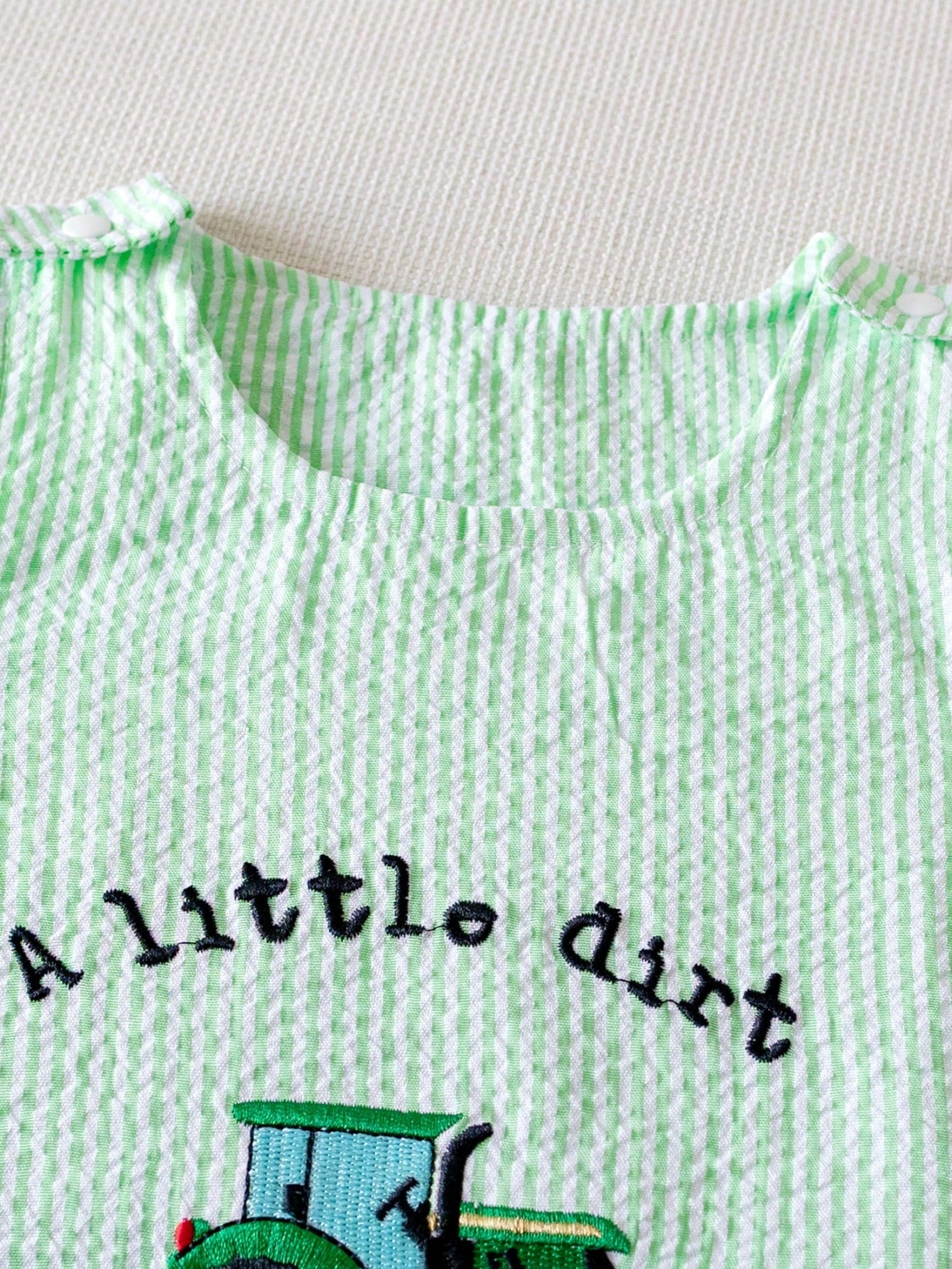 Infant Baby Boy Green & White Striped Sleeveless Romper With "A Little Dirt Never Hurt" Embroidered Text And Tractor Graphic, Snap Closure At Shoulders And Bottom, Suitable For 0-2 Years Old, Playful