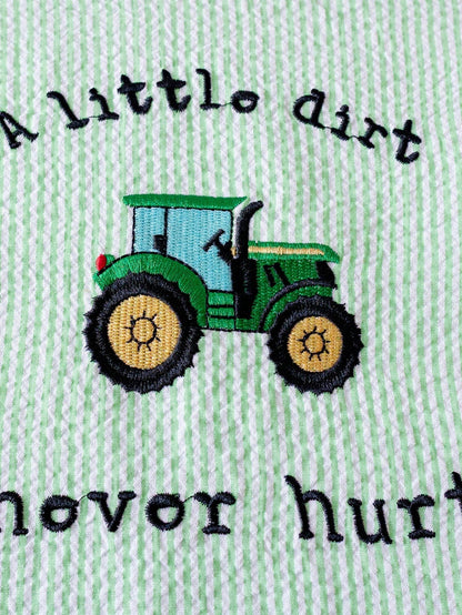 Infant Baby Boy Green & White Striped Sleeveless Romper With "A Little Dirt Never Hurt" Embroidered Text And Tractor Graphic, Snap Closure At Shoulders And Bottom, Suitable For 0-2 Years Old, Playful