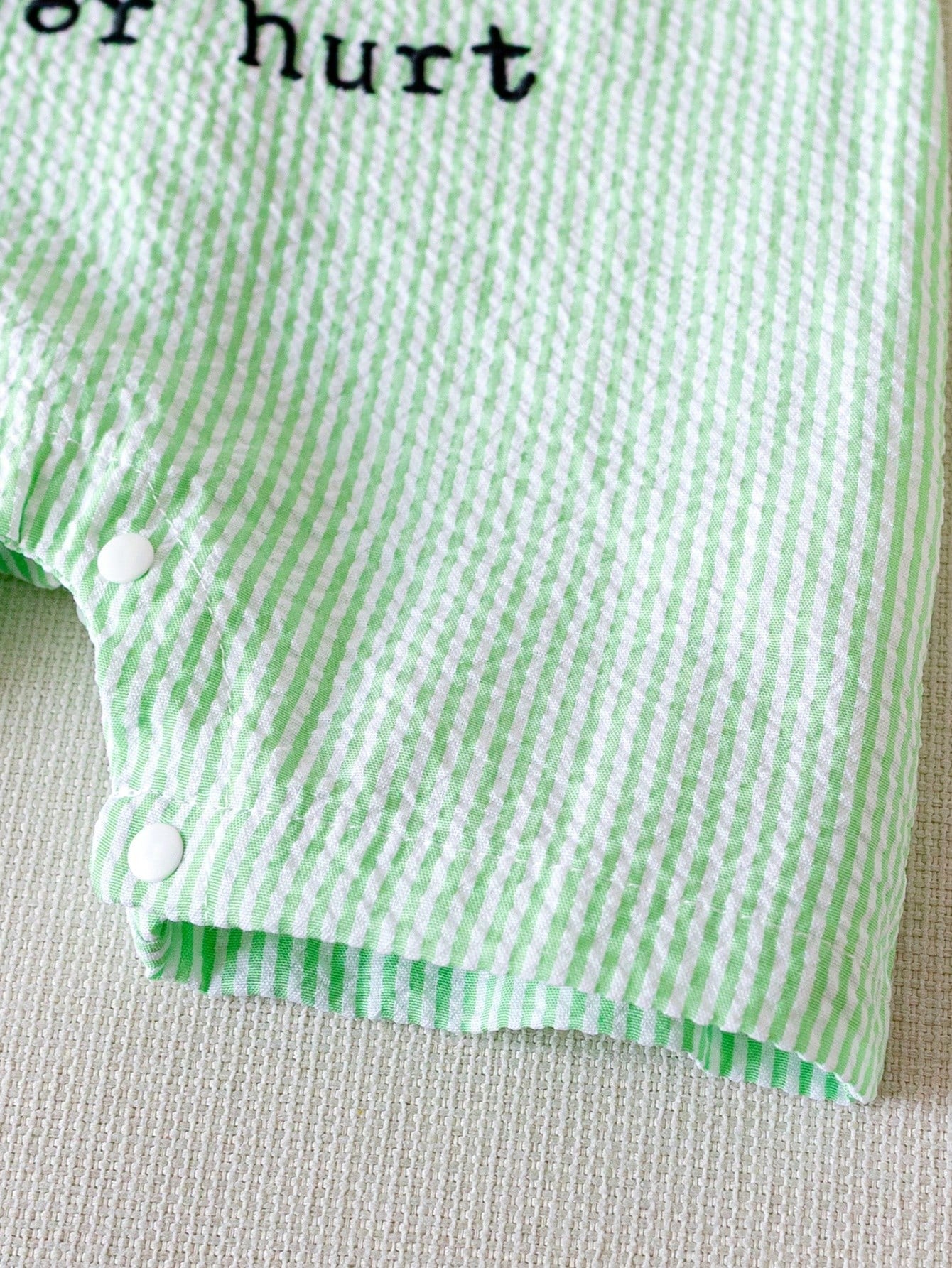 Infant Baby Boy Green & White Striped Sleeveless Romper With "A Little Dirt Never Hurt" Embroidered Text And Tractor Graphic, Snap Closure At Shoulders And Bottom, Suitable For 0-2 Years Old, Playful