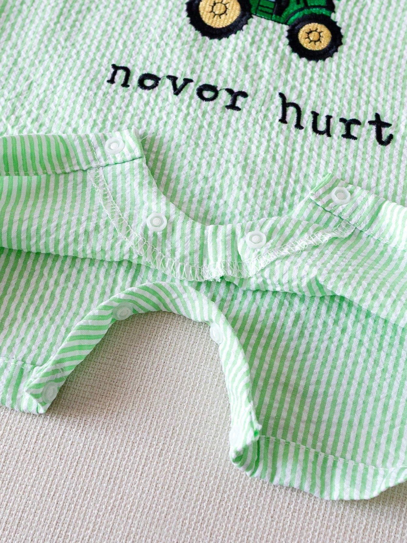 Infant Baby Boy Green & White Striped Sleeveless Romper With "A Little Dirt Never Hurt" Embroidered Text And Tractor Graphic, Snap Closure At Shoulders And Bottom, Suitable For 0-2 Years Old, Playful