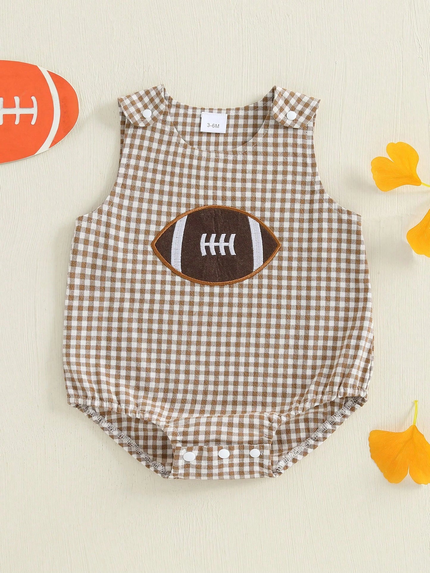 Infant Boy Football Romper Sleeveless Bubble Rompers Embroidered Rugby Gingham Bodysuit Newborn Baby Cute Fall Clothes